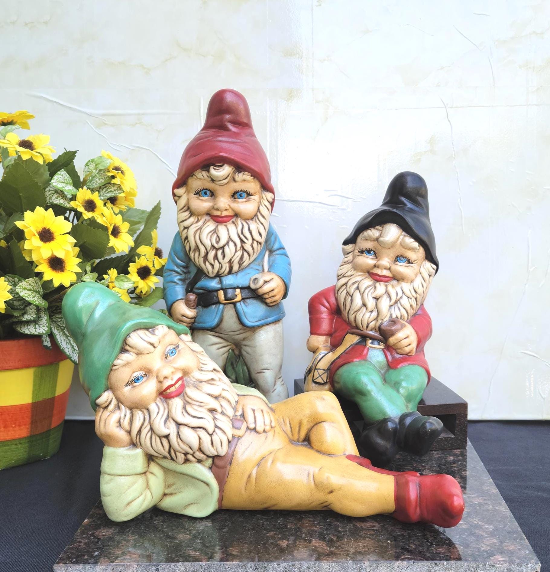 Vintage Hand-painted Ceramic Garden Gnomes Figurine - Set of 3 - Etsy