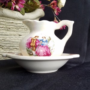 Vintage Small White Jug and Wash basin with Victorian Scene