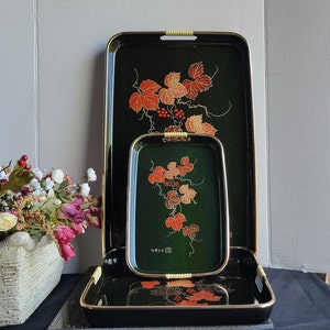 Black Lacquer Serving Tray / 3 Serving Size / Floral Pattern/ Gold Trim