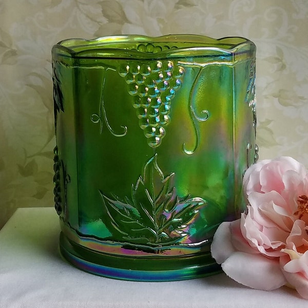 Indiana Iridescent Green Glass Canister with Harvest Grape Pattern