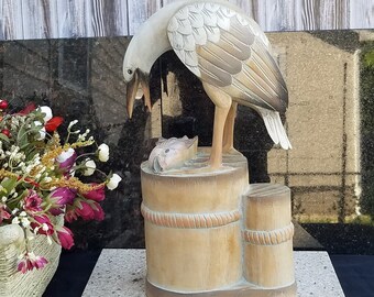 Wood Carving Heron Crane with Fish - 13.75"H
