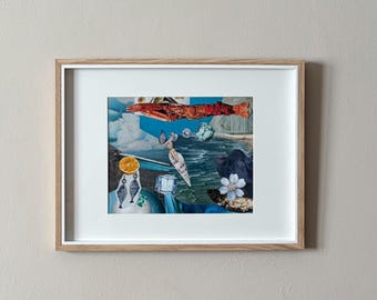 Between Sea and Summer, framed collage on paper, maritime art, mixed media