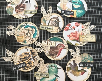 Handmade Ephemera for journal, cards, tags and more! Set of 9 paper circles with birds/flowers