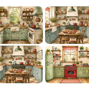 May include: Watercolor illustrations of charming kitchens with vintage decor. Each scene features a different kitchen layout, showcasing elements like open shelving, antique appliances, and rustic wooden tables. The color palette includes soft greens, blues, and reds, creating a cozy, inviting atmosphere.