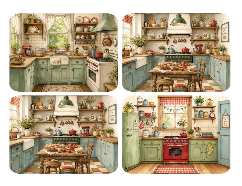 May include: Watercolor illustrations of charming kitchens with vintage decor. Each scene features a different kitchen layout, showcasing elements like open shelving, antique appliances, and rustic wooden tables. The color palette includes soft greens, blues, and reds, creating a cozy, inviting atmosphere.