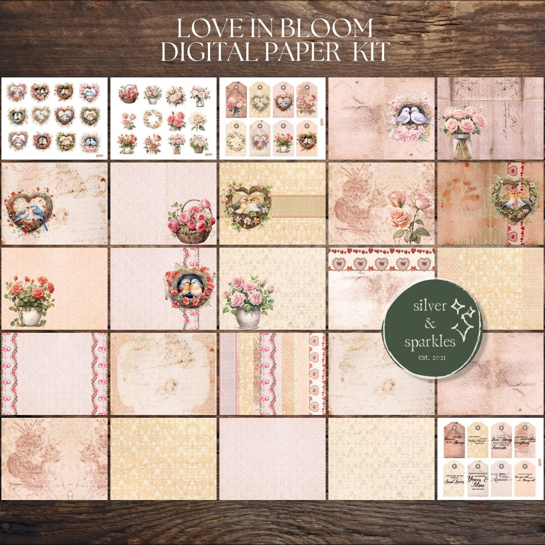 Love in Bloom – Romantic Floral & Bird Junk Journal Digital Paper Kit ...