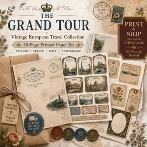 May include: A 30-page printed paper kit titled The Grand Tour, featuring vintage European travel designs. Includes postcards, tags, and labels with illustrations of London, Paris, Rome, and Florence, plus a train graphic and postal stamps.