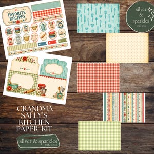 May include: A collection of vintage-style paper ephemera for crafting. Includes recipe cards, decorative strips, and patterned papers in red, green, and blue. The kit features kitchen-themed illustrations and the text "Favorite Recipes" and "Grandma Sally's Kitchen Paper Kit."