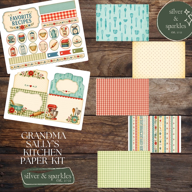 May include: A collection of vintage-style paper ephemera for crafting. Includes recipe cards, decorative strips, and patterned papers in red, green, and blue. The kit features kitchen-themed illustrations and the text "Favorite Recipes" and "Grandma Sally's Kitchen Paper Kit."