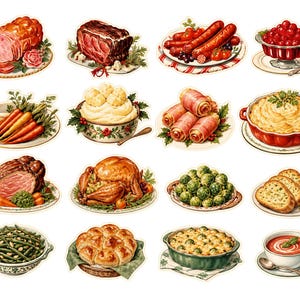 May include: A collection of vintage-style illustrations of various dishes, including roasted meats, sausages, vegetables, and side dishes. The images feature a ham, roast beef, turkey, mashed potatoes, and a bowl of cranberries.