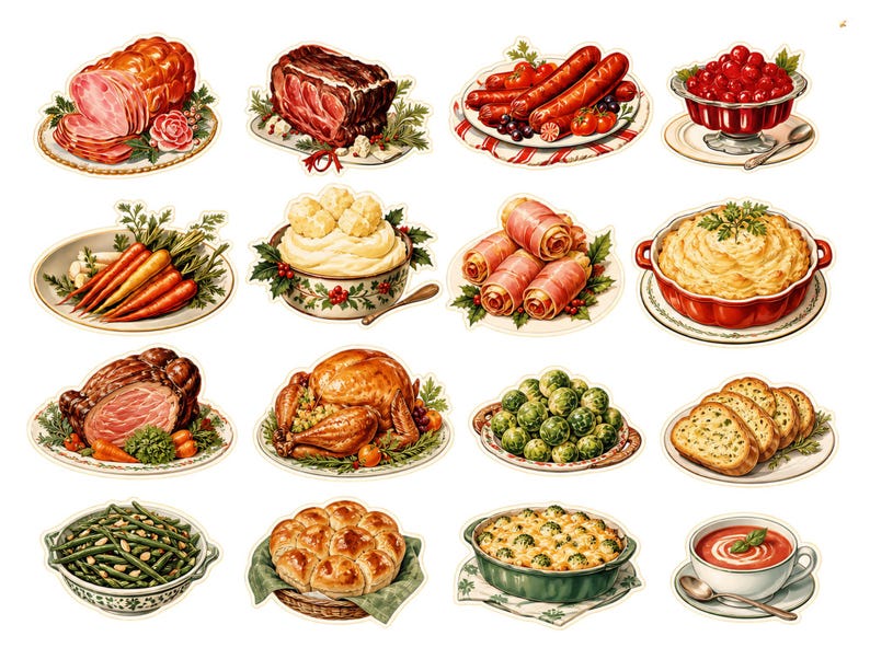 May include: A collection of vintage-style illustrations of various dishes, including roasted meats, sausages, vegetables, and side dishes. The images feature a ham, roast beef, turkey, mashed potatoes, and a bowl of cranberries.