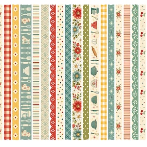 May include: A collection of decorative paper strips with various patterns. Designs include polka dots, gingham, floral arrangements, and kitchen utensils. Colors include red, yellow, green, and cream, creating a vintage, country-chic aesthetic.