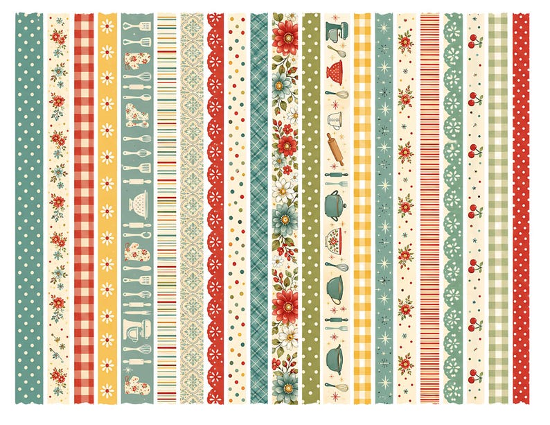 May include: A collection of decorative paper strips with various patterns. Designs include polka dots, gingham, floral arrangements, and kitchen utensils. Colors include red, yellow, green, and cream, creating a vintage, country-chic aesthetic.