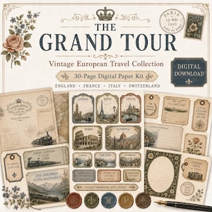 May include: A digital paper kit titled The Grand Tour featuring vintage European travel themes. The collection includes postcards, luggage tags, and stamps depicting London, Paris, Venice, Rome, and Florence, with floral accents and a fountain pen.