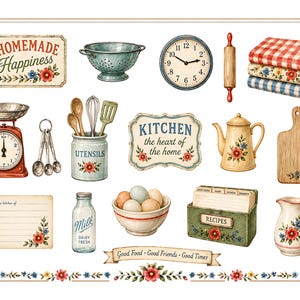 May include: A collection of vintage kitchen-themed illustrations. Includes a red scale, a clock, a rolling pin, a colander, a teapot, a cutting board, a milk bottle, a bowl of eggs, and recipe box. Text includes "Homemade Happiness" and "Kitchen the heart of the home."