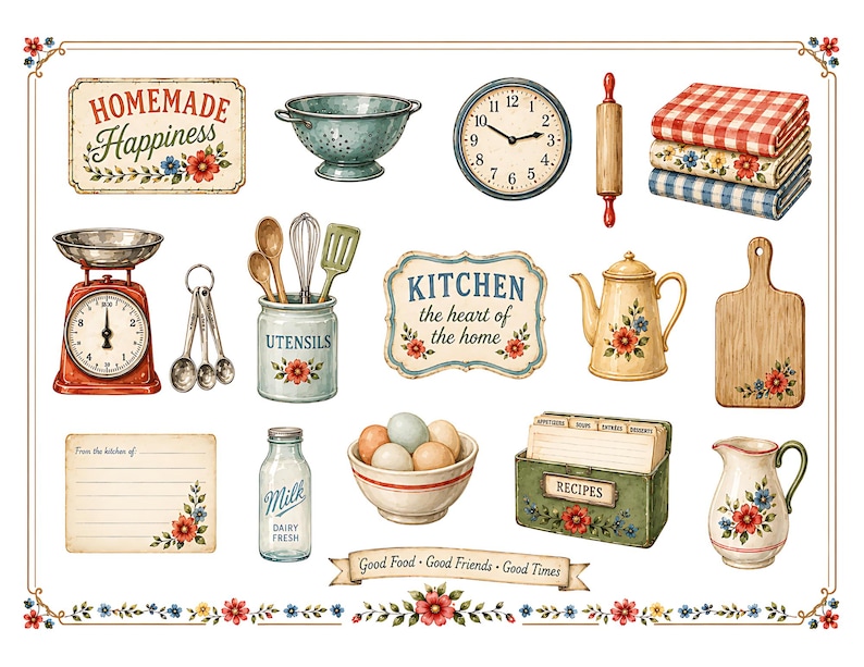 May include: A collection of vintage kitchen-themed illustrations. Includes a red scale, a clock, a rolling pin, a colander, a teapot, a cutting board, a milk bottle, a bowl of eggs, and recipe box. Text includes "Homemade Happiness" and "Kitchen the heart of the home."