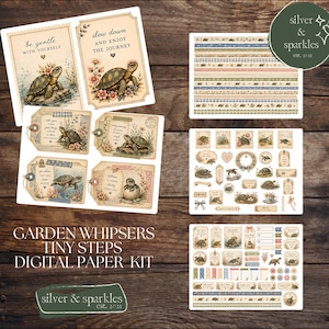 May include: A digital paper kit featuring multiple sheets of printable ephemera with turtle illustrations, floral accents, and inspirational text like be gentle with yourself and slow down and enjoy the journey, presented in a vintage aesthetic.