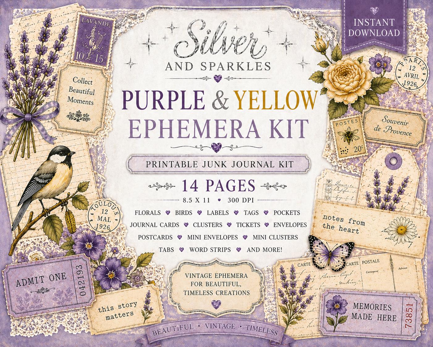Purple & Yellow Ephemera Kit | Vintage Printable Junk Journal Kit ...
