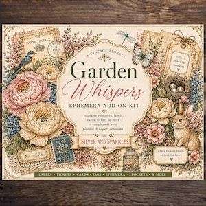 Garden Whispers Ephemera ADD ON Kit | Printable | Junk Journal Labels, Tickets, Bingo Cards, Stamps, Library Cards