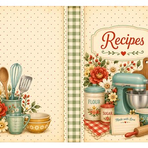 May include: A vintage-style recipe book cover with the word "Recipes" in red script. The cover features a floral arrangement, a teal stand mixer, and various kitchen tools. A cutting board, flour and sugar containers, and a rolling pin are also visible.