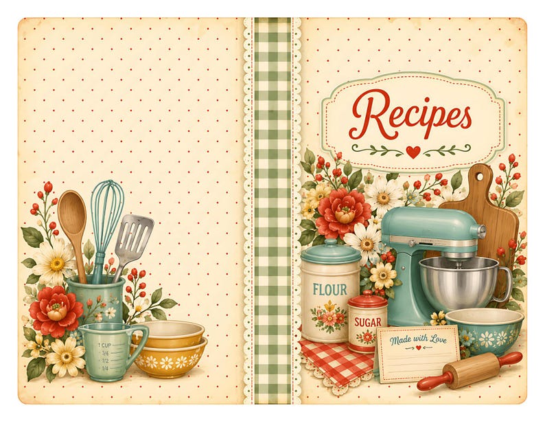 May include: A vintage-style recipe book cover with the word "Recipes" in red script. The cover features a floral arrangement, a teal stand mixer, and various kitchen tools. A cutting board, flour and sugar containers, and a rolling pin are also visible.