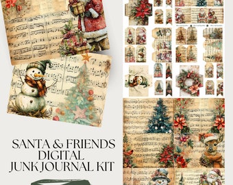 Könnte beinhalten: Digitales Junk Journal Kit mit einem Vintage-Weihnachtsthema. Enthält Bilder von Weihnachtsmann, Schneemann, Weihnachtsbaum und anderen festlichen Elementen. Das Kit ist perfekt, um einzigartige und personalisierte Journale zu erstellen.