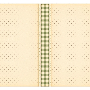 May include: A vintage-style notebook with a cream-colored dotted pattern. A vertical strip of green gingham and lace trim runs down the center. The notebook has a slightly aged appearance, suggesting a classic or handmade design.