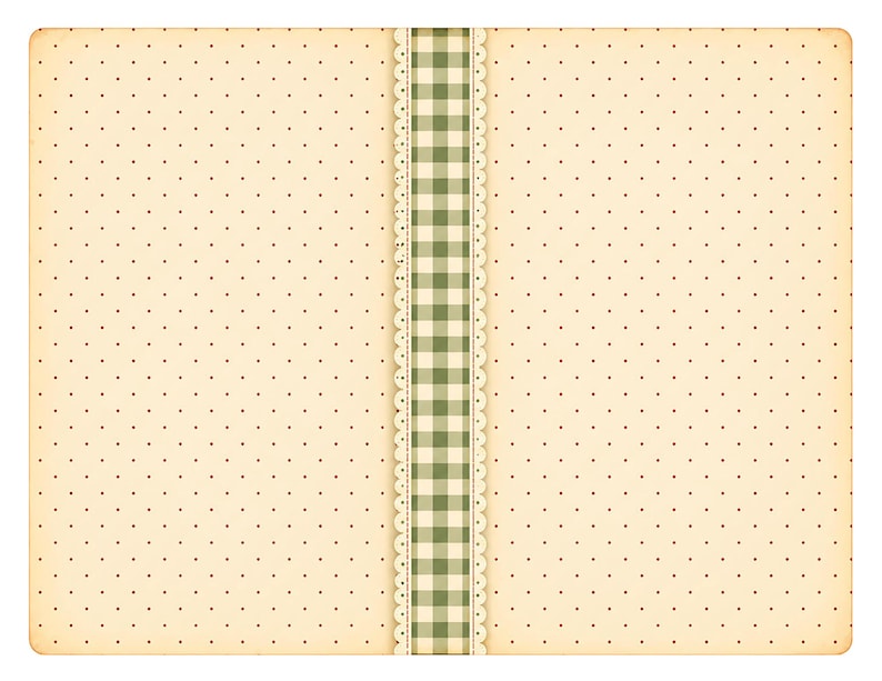 May include: A vintage-style notebook with a cream-colored dotted pattern. A vertical strip of green gingham and lace trim runs down the center. The notebook has a slightly aged appearance, suggesting a classic or handmade design.