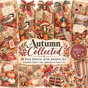 Può includere: Un kit per junk journal digitale intitolato Autumn Collected che include 25 pagine di carta, etichette ed effimeri stampabili. Il design presenta illustrazioni di uccelli, funghi, zucche, una lanterna, un coniglio e farfalle in toni autunnali.