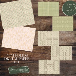 May include: A selection of patterned digital paper sheets, featuring floral, plaid, and geometric designs. The kit includes templates for mini folios. The image text reads "MINI FOLIOS DIGITAL PAPER KIT" and "silver & sparkles est. 2021".