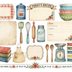 May include: Watercolor illustration of kitchen-themed elements. Includes recipe cards, cookbooks, a flour canister, mixing bowls, a scale, and various cooking utensils. Floral accents and the text "Today's Recipe" are also present.