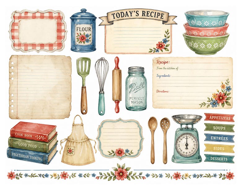 May include: Watercolor illustration of kitchen-themed elements. Includes recipe cards, cookbooks, a flour canister, mixing bowls, a scale, and various cooking utensils. Floral accents and the text "Today's Recipe" are also present.