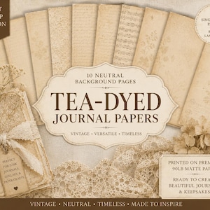 May include: A collection of ten tea-dyed journal papers featuring various patterns including script, musical notes, and floral designs. The set includes a stack of papers tied with lace and a tag, all presented in a neutral beige color palette.