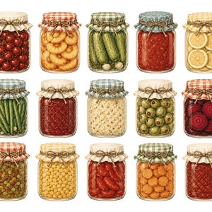 May include: An illustration of fifteen glass jars filled with various preserved foods. The jars have decorative fabric lids tied with twine. Contents include cherries, peaches, pickles, tomatoes, lemons, green beans, jam, sauerkraut, olives, beets, peas, chickpeas, peppers, carrots, and more.
