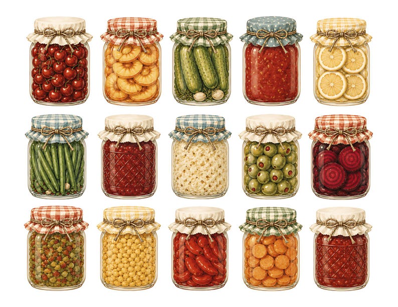 May include: An illustration of fifteen glass jars filled with various preserved foods. The jars have decorative fabric lids tied with twine. Contents include cherries, peaches, pickles, tomatoes, lemons, green beans, jam, sauerkraut, olives, beets, peas, chickpeas, peppers, carrots, and more.