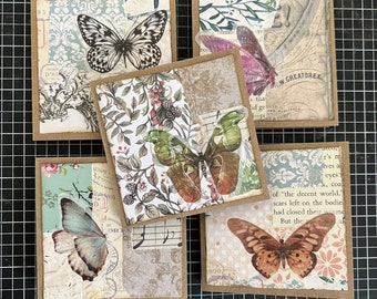 Set of Five Journaling cards. Collaged with a Butterfly on the front.  Set 1