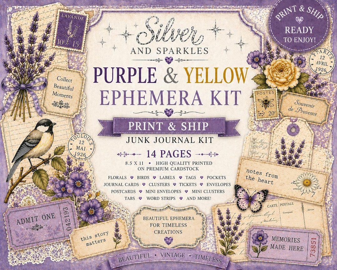 Purple & Yellow Ephemera Kit (print/ship) | Vintage Junk Journal Kit ...