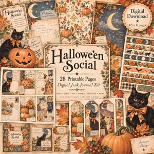 May include: A digital junk journal kit titled Hallowe'en Social featuring 28 printable pages. The collection includes illustrations of black cats with orange bows, pumpkins, autumn leaves, crescent moons, and vintage-style ephemera cards.