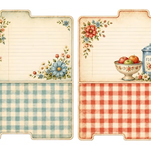May include: Two vintage-style recipe cards. One features a blue and white gingham pattern, floral accents, and lined paper. The other has a red and white gingham pattern, a bowl of apples, and a blue flour canister.