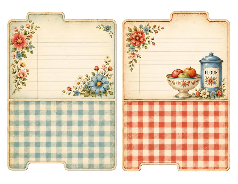 May include: Two vintage-style recipe cards. One features a blue and white gingham pattern, floral accents, and lined paper. The other has a red and white gingham pattern, a bowl of apples, and a blue flour canister.