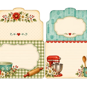 May include: Four decorative recipe cards with a vintage kitchen theme. The cards feature floral arrangements, a red stand mixer, a mixing bowl, and a rolling pin. The backgrounds include polka dots, a green and white checkered pattern, and a teal pattern with kitchen utensils.