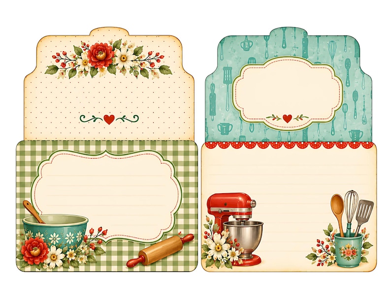 May include: Four decorative recipe cards with a vintage kitchen theme. The cards feature floral arrangements, a red stand mixer, a mixing bowl, and a rolling pin. The backgrounds include polka dots, a green and white checkered pattern, and a teal pattern with kitchen utensils.