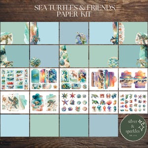 May include: A paper kit labelled "SEA TURTLES & FRIENDS" with watercolour illustrations of sea turtles, seahorses, and marine life. The kit includes tags, stickers, and decorative elements in blue, green, and coral hues.