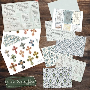 May include: A collection of decorative paper sheets and stickers with religious themes. The designs include floral patterns, crosses, and inspirational quotes. The color palette features shades of blue, green, and cream, with a wooden background.