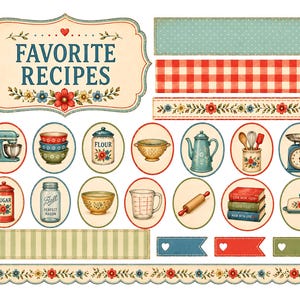 May include: A collection of vintage-style kitchen-themed illustrations. Includes a sign that reads "Favorite Recipes", along with images of a mixer, bowls, jars, a teapot, measuring tools, a scale, and decorative borders.