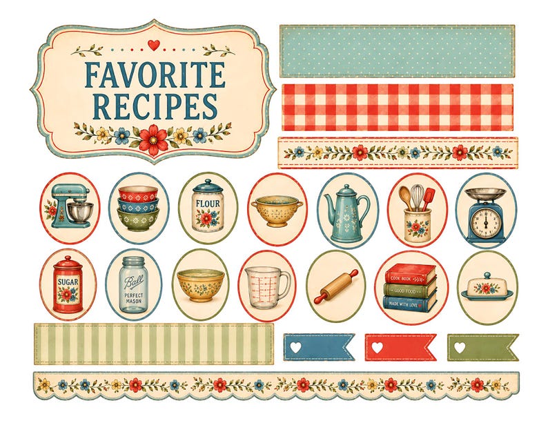 May include: A collection of vintage-style kitchen-themed illustrations. Includes a sign that reads "Favorite Recipes", along with images of a mixer, bowls, jars, a teapot, measuring tools, a scale, and decorative borders.