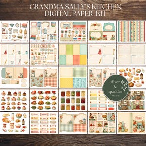 May include: A digital paper kit with a vintage kitchen theme. The kit includes various patterned papers, recipe cards, labels, and illustrations of kitchen tools, food items, and decorative elements. The text "GRANDMA SALLY'S KITCHEN DIGITAL PAPER KIT" is visible.