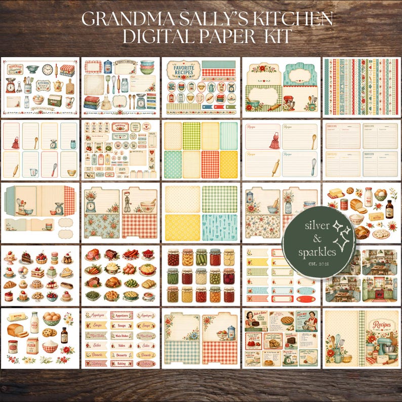 May include: A digital paper kit with a vintage kitchen theme. The kit includes various patterned papers, recipe cards, labels, and illustrations of kitchen tools, food items, and decorative elements. The text "GRANDMA SALLY'S KITCHEN DIGITAL PAPER KIT" is visible.