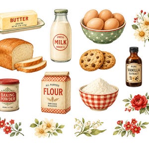 May include: Watercolor illustration of baking ingredients including butter, milk, eggs, flour, vanilla extract, and baking powder. Also shown are a loaf of bread, cookies, and floral accents. The butter is 4 oz (113g).