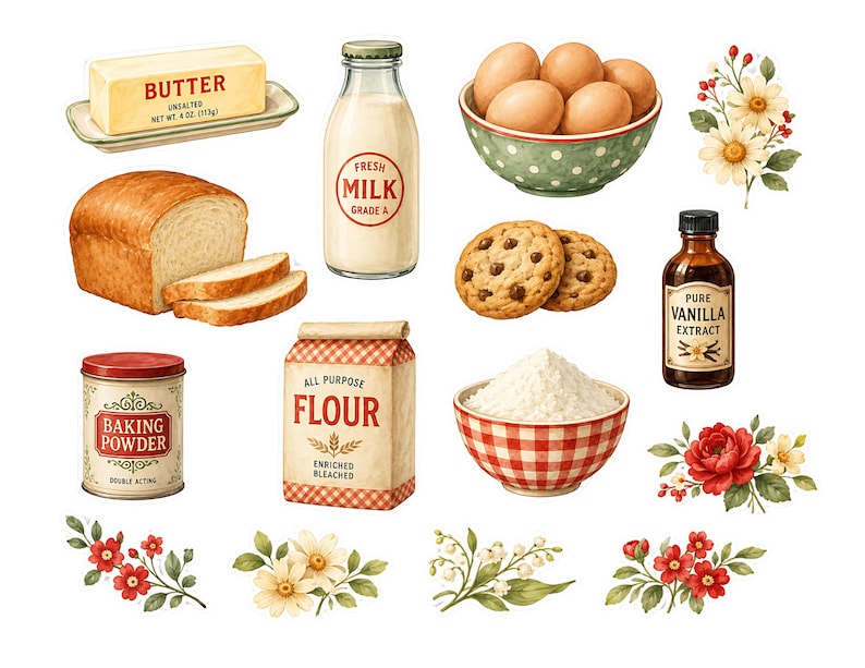 May include: Watercolor illustration of baking ingredients including butter, milk, eggs, flour, vanilla extract, and baking powder. Also shown are a loaf of bread, cookies, and floral accents. The butter is 4 oz (113g).